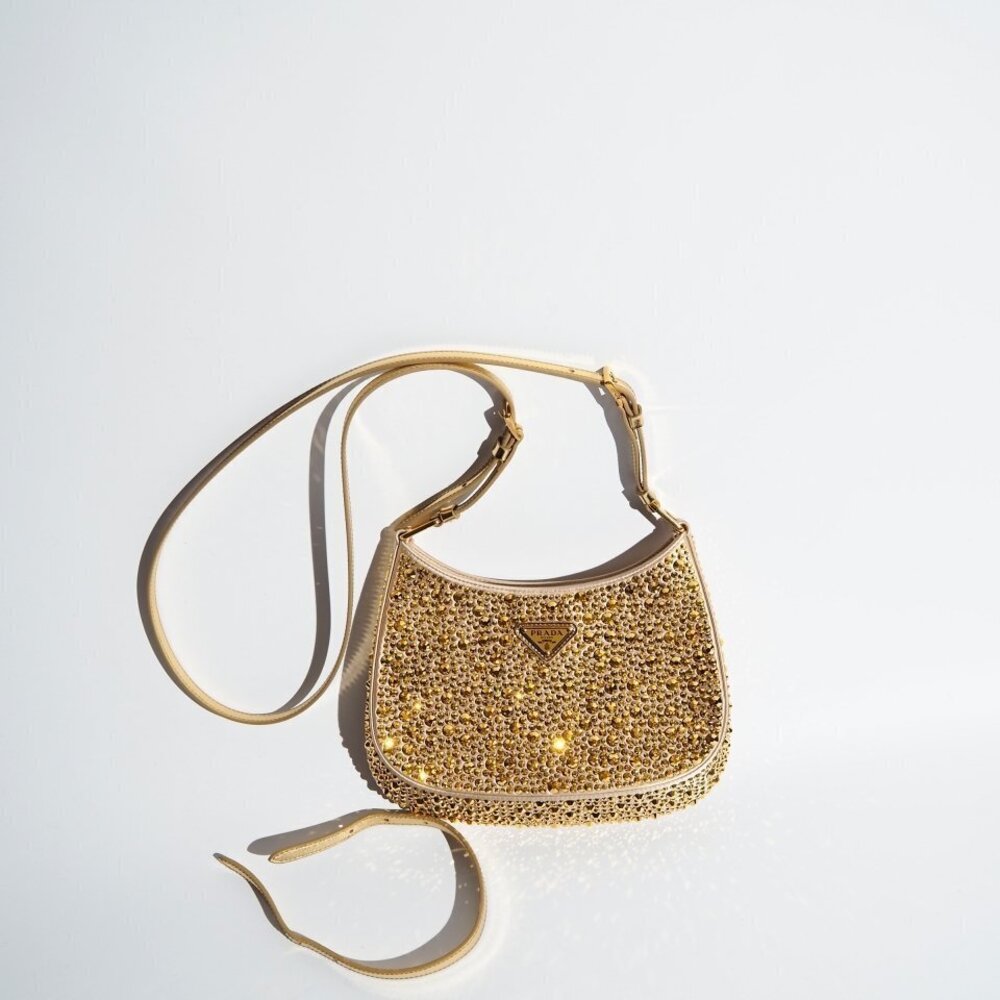 PRADA Platinum Satin Cleo Bag Crystal Gold Shoulder rb mks - Picture 2 of 7